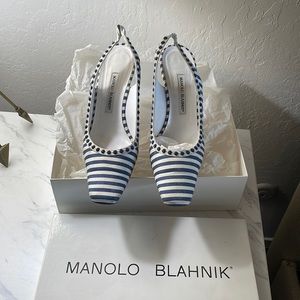 Manolo Blanik Blue and White Striped Slingback Heels